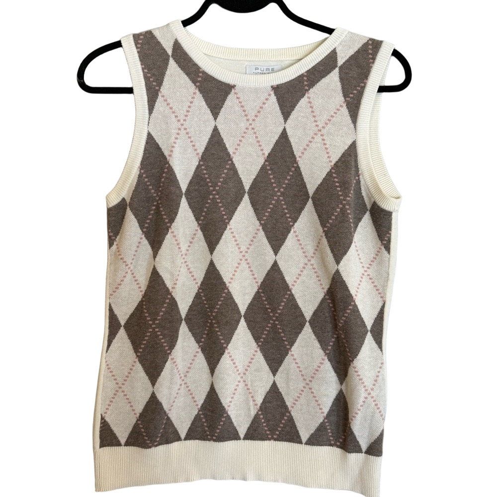Woman Alfred Sung Argyle Sweater Vest Brown and Cream Knit L